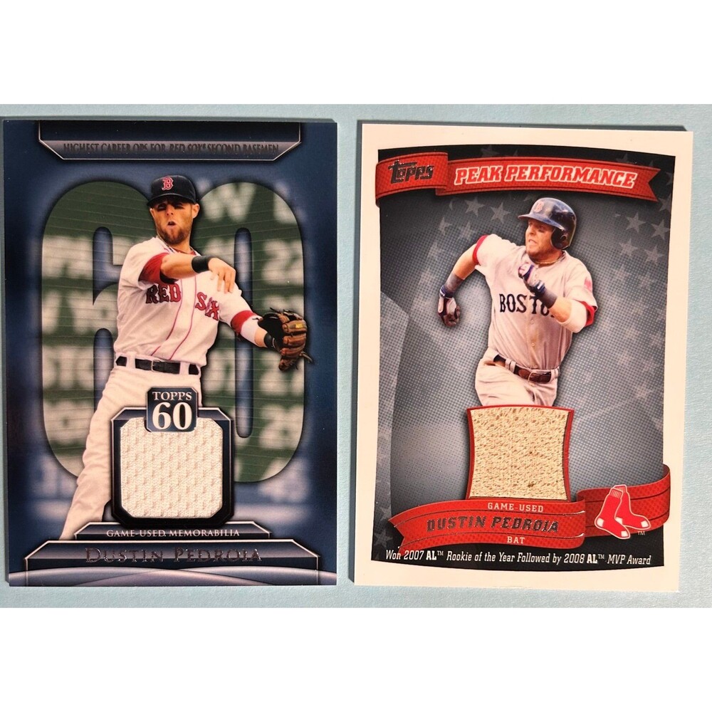 Red Sox Dustin Pedroia -2 Topps Game Used material cards 2011 Topps 60 and 2010